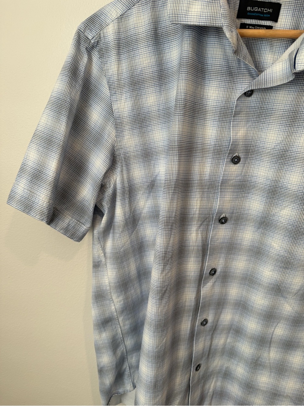 Bugatchi OoohCotton Tech 8-Way Stretch Plaid Shirt Short Sleeve Button Blue L - Picture 5 of 12